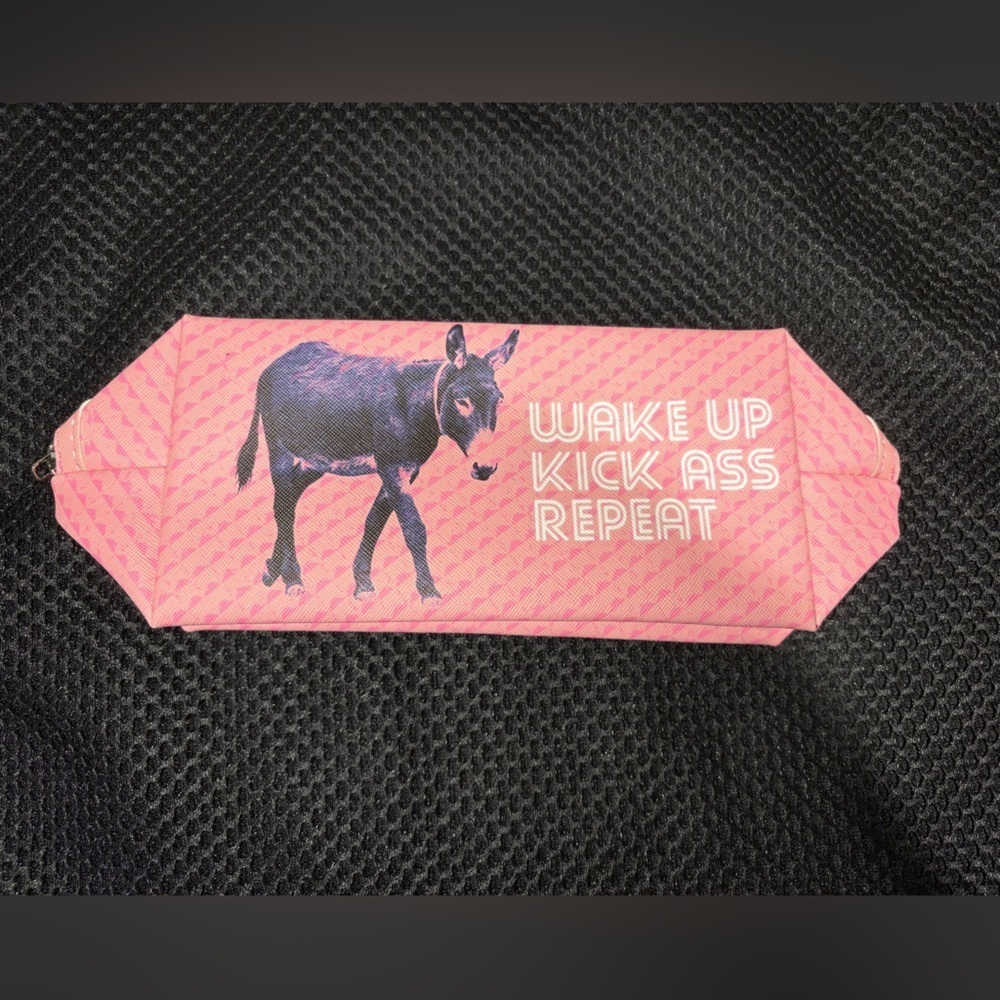 Wit! "Wake Up Kick Ass Repeat" Pink Donkey Makeup Bag/ Pencil Case